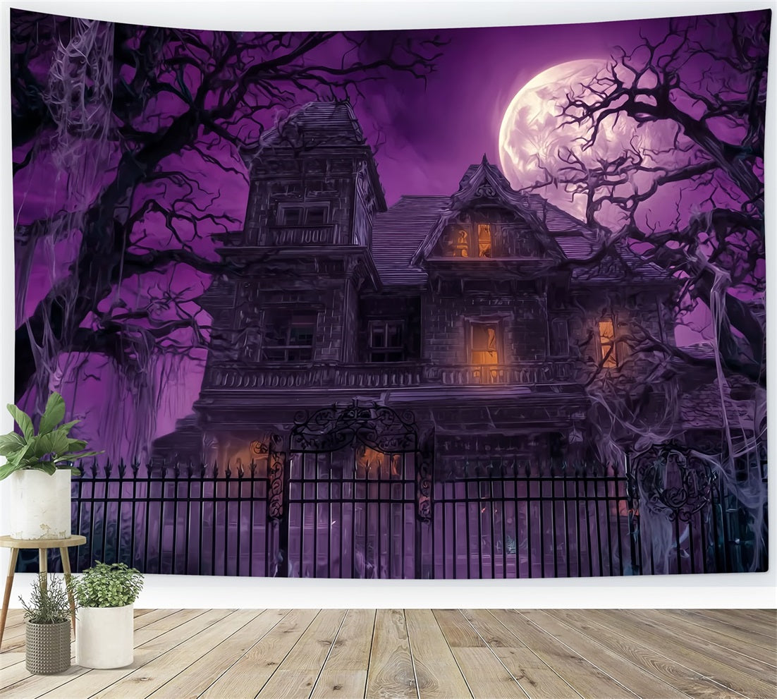Toile De Fond Halloween Manoir Hanté Ciel Violet Pleine Lune Effrayant TWW59-63