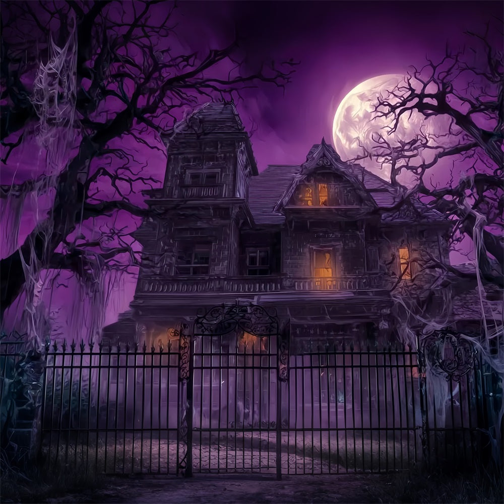 Toile De Fond Halloween Manoir Hanté Ciel Violet Pleine Lune Effrayant TWW59-63
