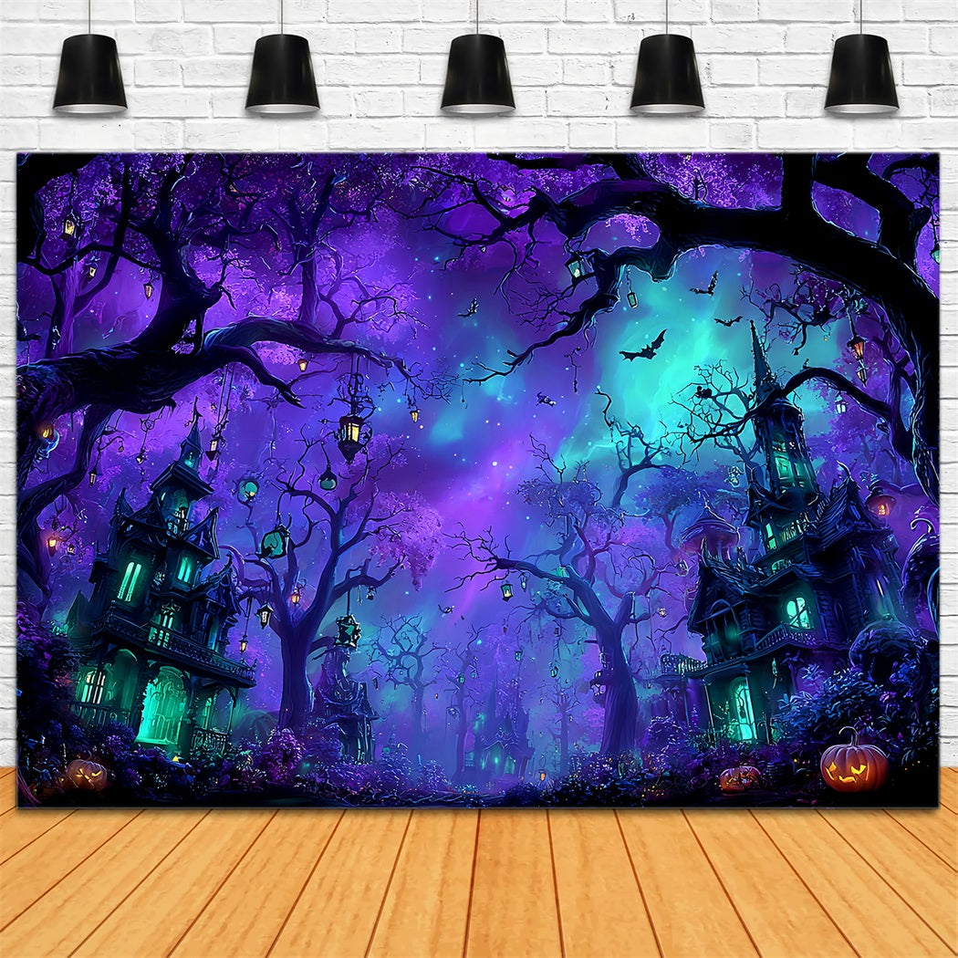 Toile De Fond Photo Halloween Forêt Hantée Enchantée Ciel Violet TWW59-66