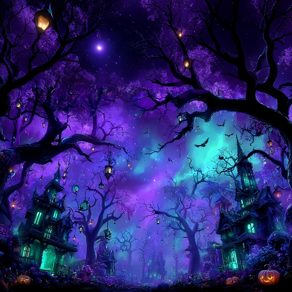Toile De Fond Photo Halloween Forêt Hantée Enchantée Ciel Violet TWW59-66