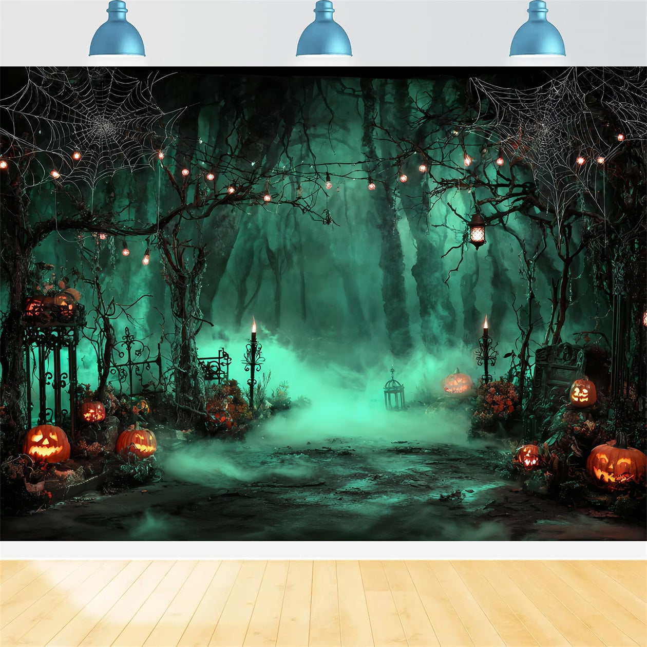 Toile Photo Halloween Cimetière Brumeux Lanternes Citrouilles TWW59-69