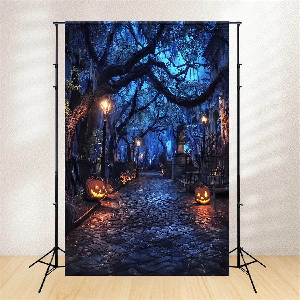 Fond Photo Halloween Forêt Hantée Rue Effrayante Lanternes Citrouilles TWW59-70
