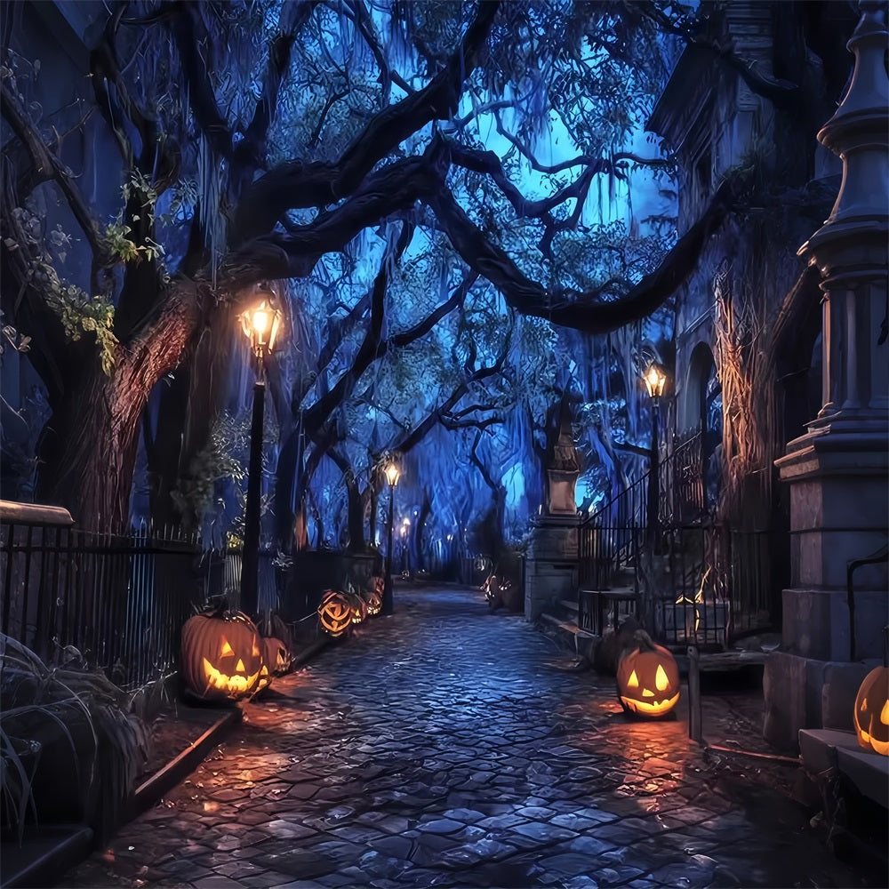 Fond Photo Halloween Forêt Hantée Rue Effrayante Lanternes Citrouilles TWW59-70