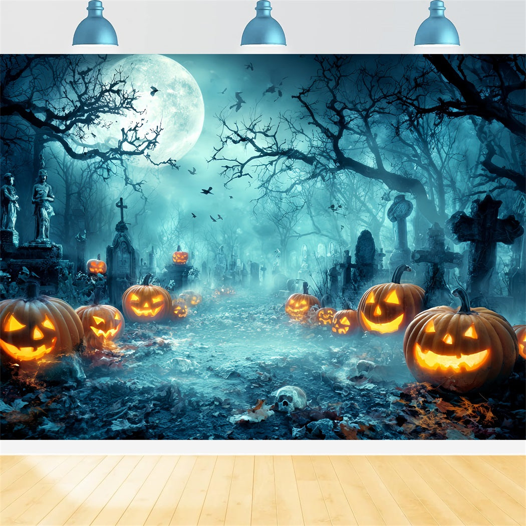 Fond Studio Halloween Cimetière Sinistre Lanternes Citrouilles TWW59-73