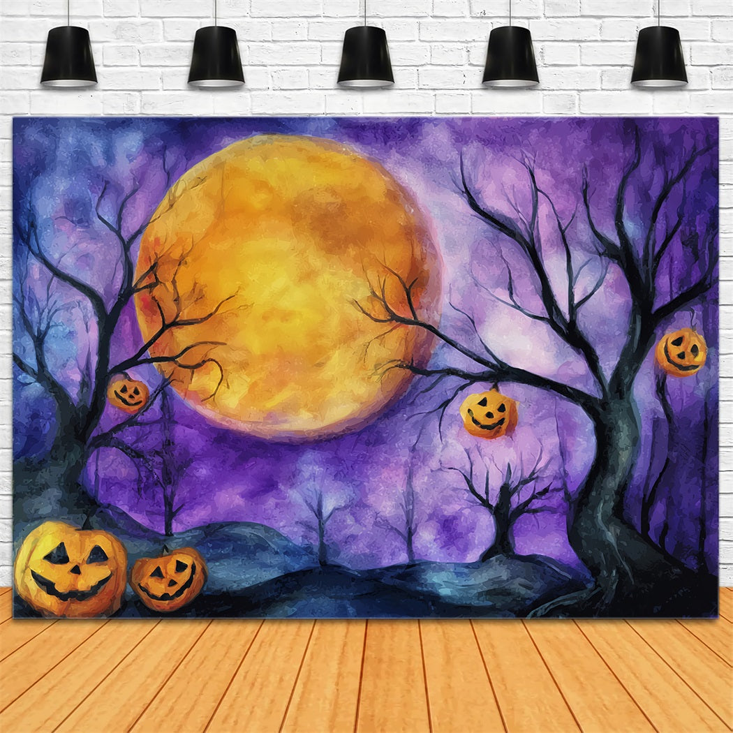 Fond De Photo Halloween Lune Citrouille Ciel Violet Illuminé TWW59-74