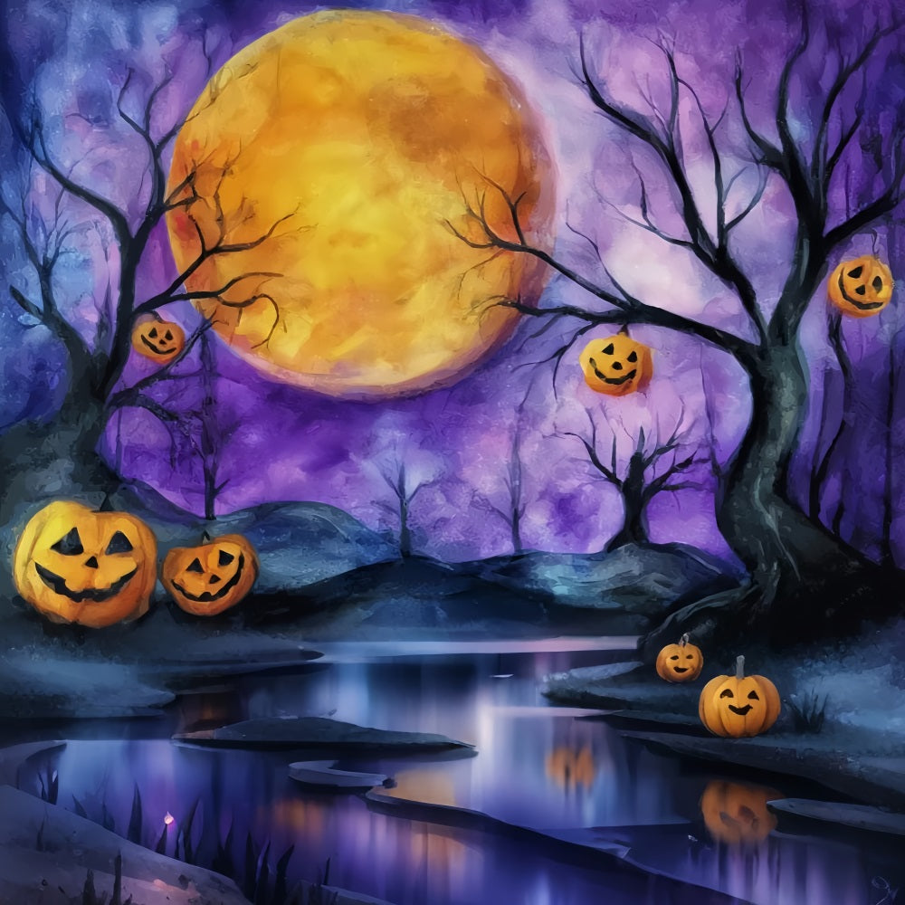 Fond De Photo Halloween Lune Citrouille Ciel Violet Illuminé TWW59-74