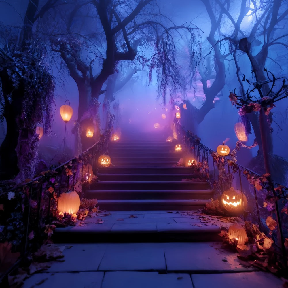 Fond Photo Halloween Escalier Citrouilles Illuminées Chemin Effrayant TWW59-76