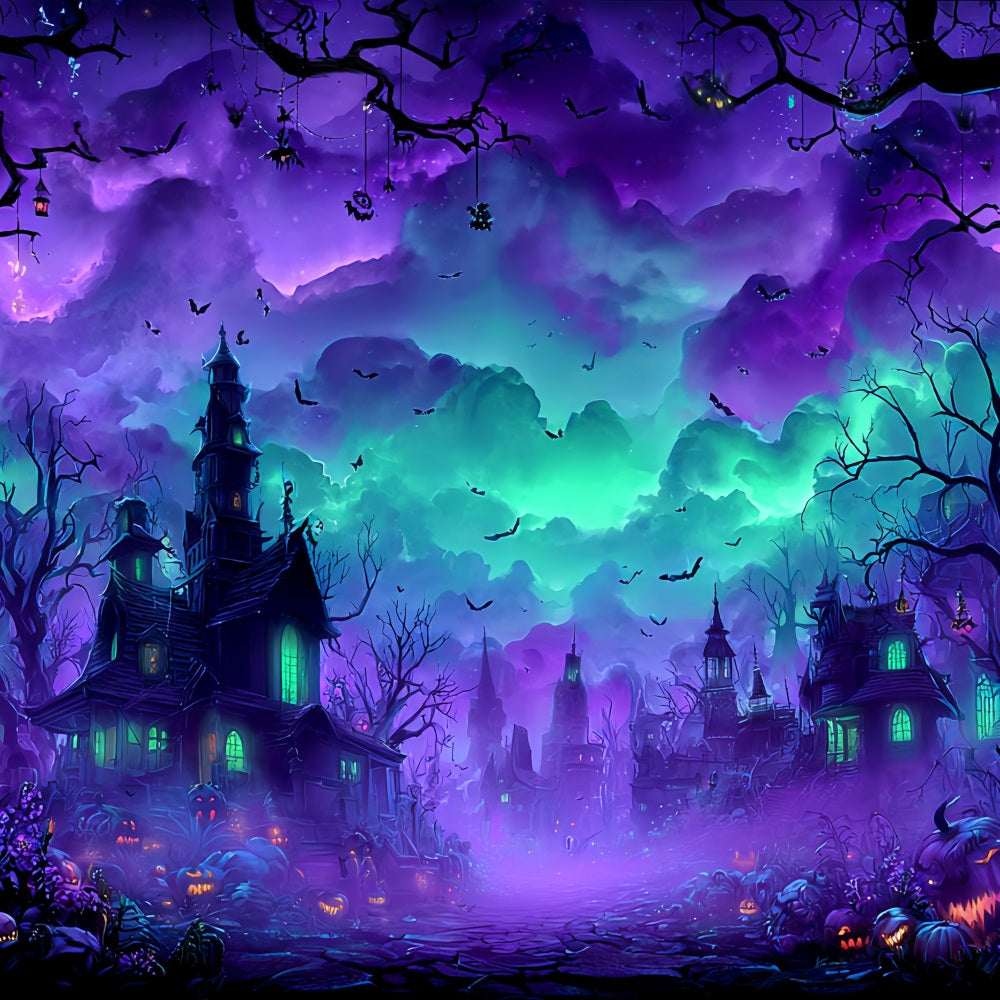 Toile De Fond Halloween Village Hanté Nuit Brumeuse TWW59-77