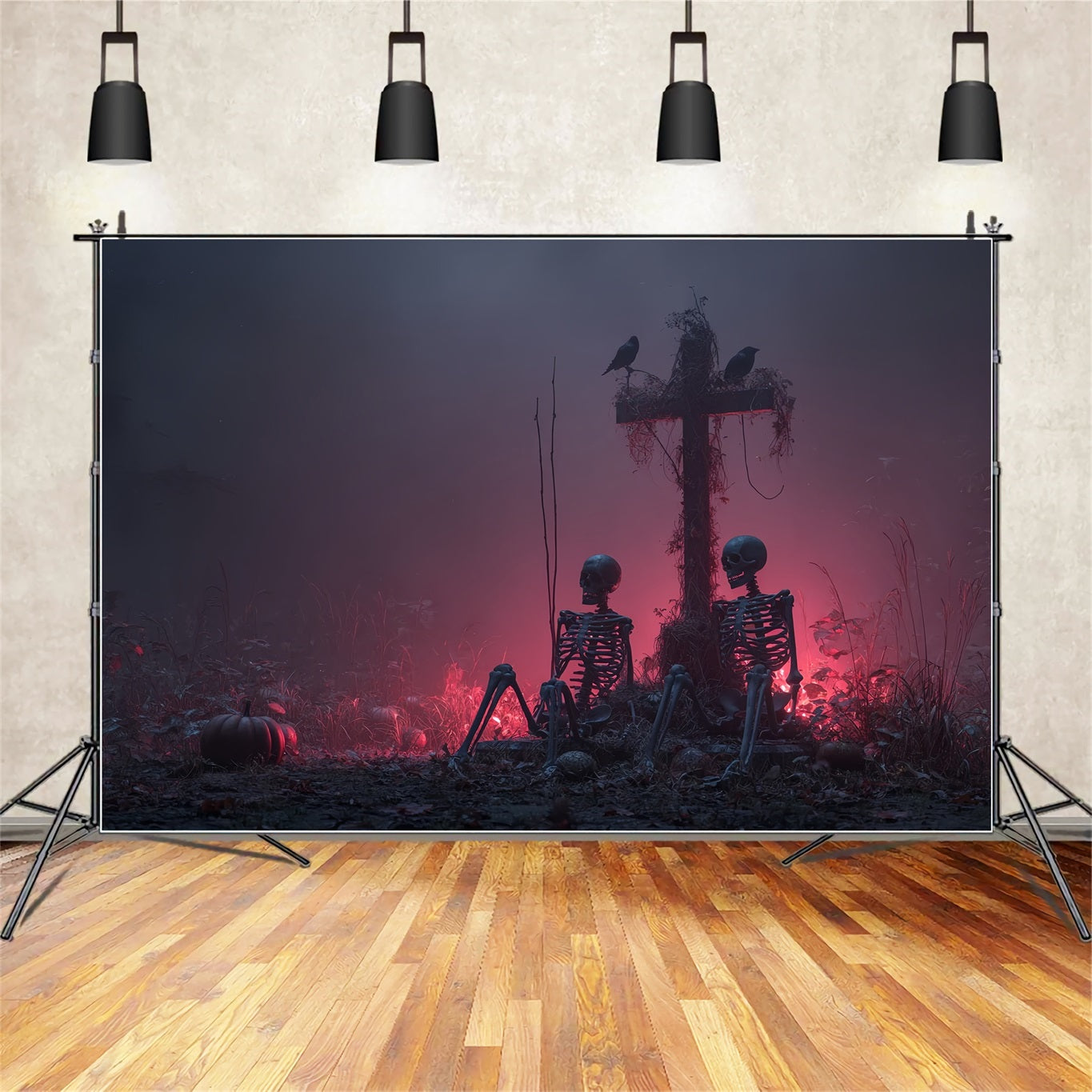 Fond De Photo Halloween Squelettes Croix Brume Rouge Effrayant TWW59-80