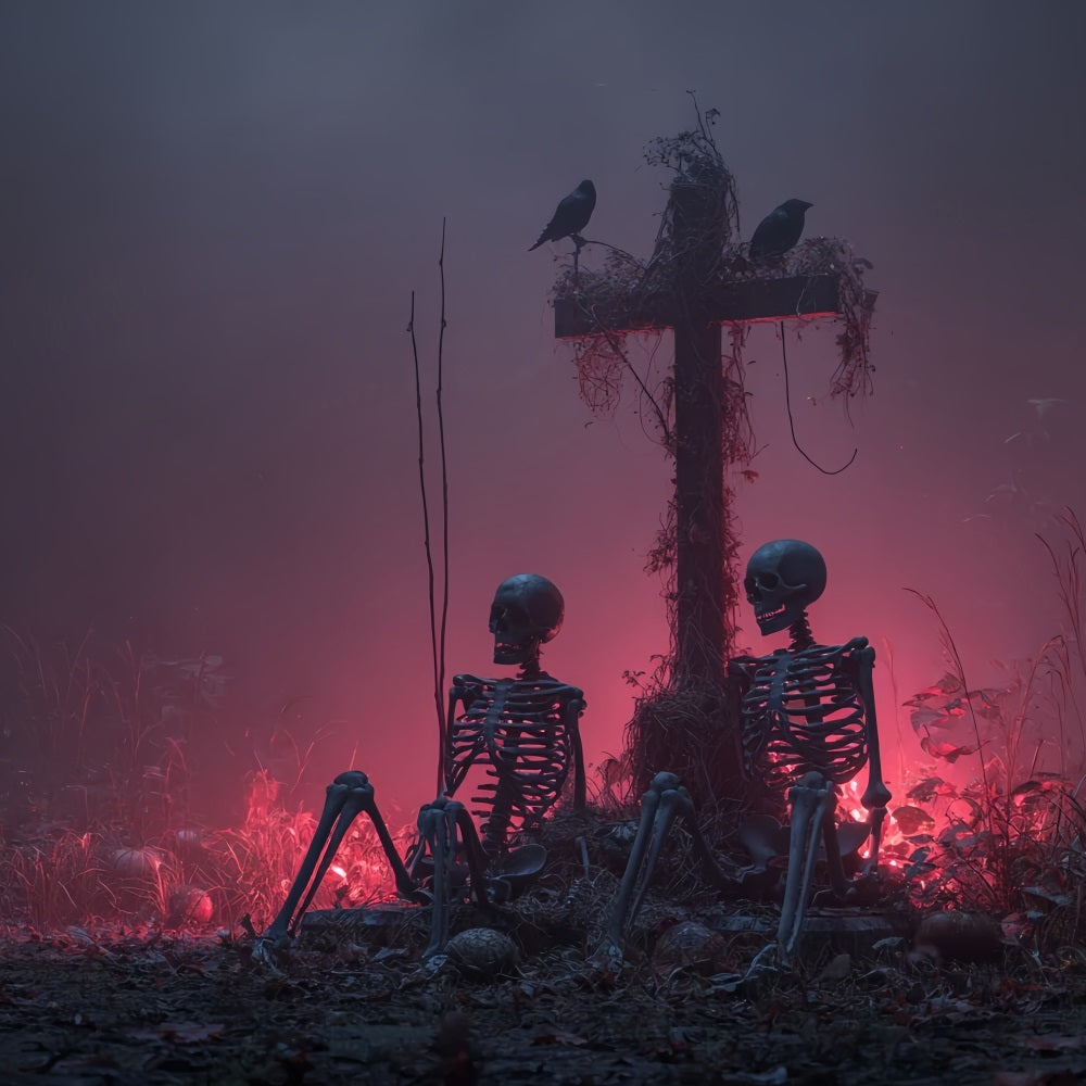 Fond De Photo Halloween Squelettes Croix Brume Rouge Effrayant TWW59-80