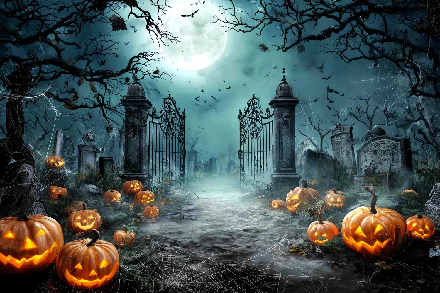 Toile Photo Halloween Cimetière Clair De Lune Citrouilles TWW59-81