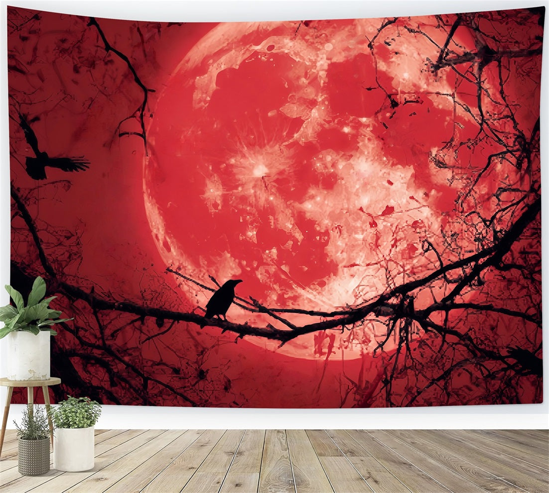 Toile De Fond Halloween Lune Sanglante Corbeau Silhouette TWW59-83