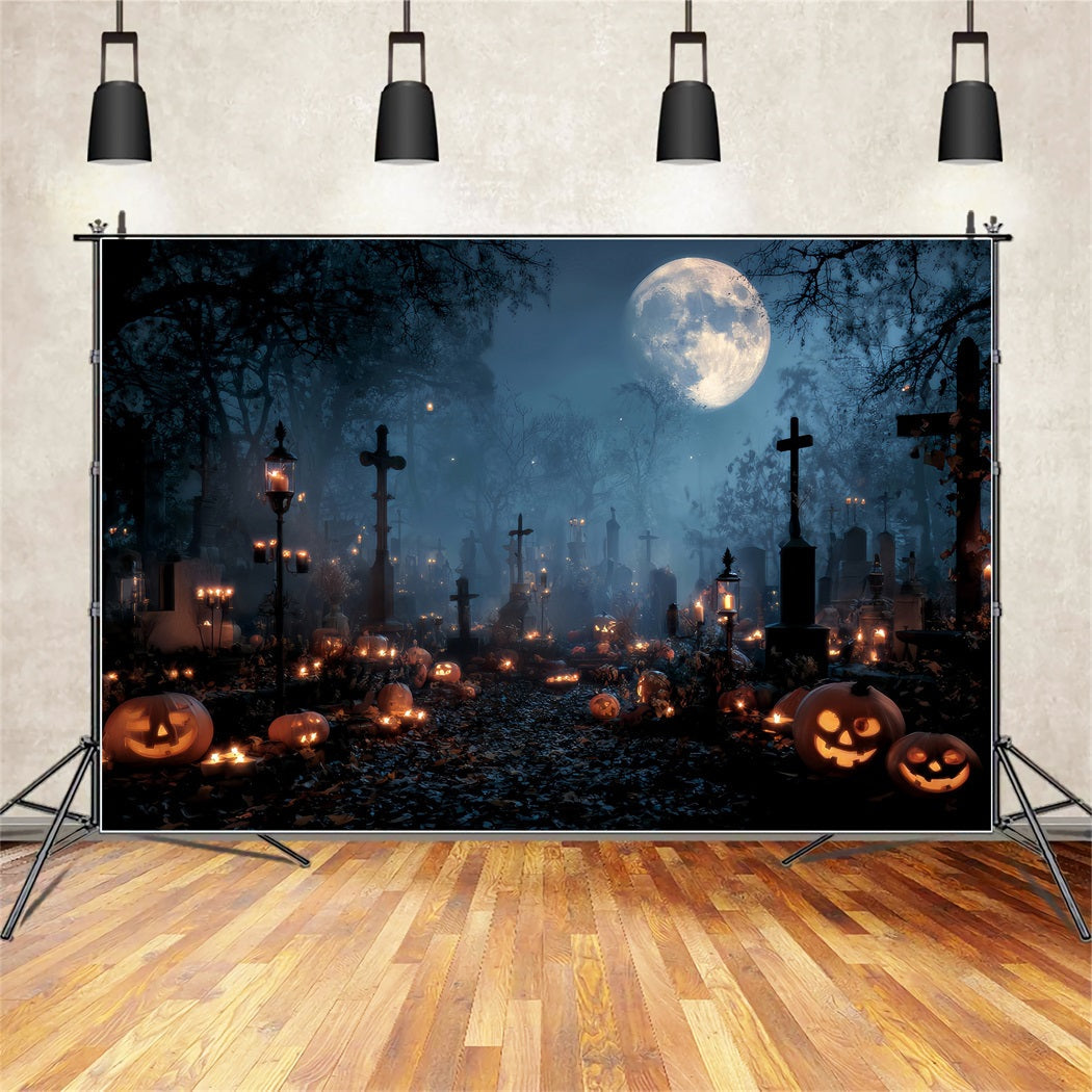 Toile Halloween Cimetière Illuminé Bougies Citrouilles Croix TWW59-84