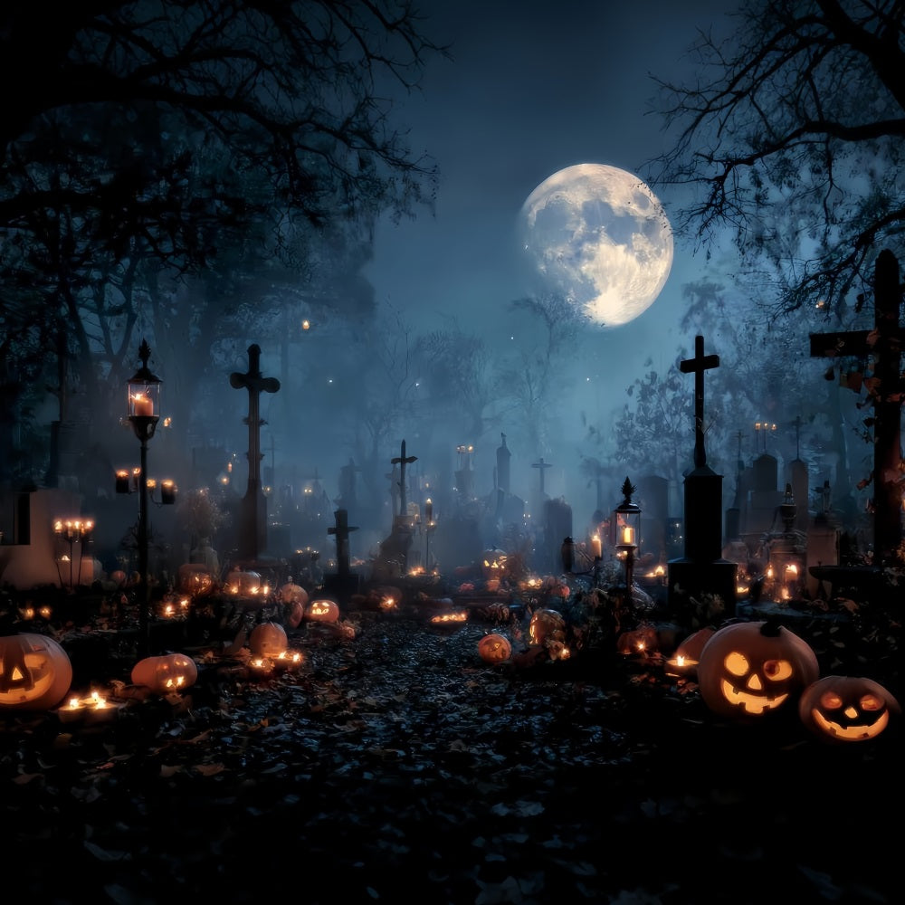 Toile Halloween Cimetière Illuminé Bougies Citrouilles Croix TWW59-84