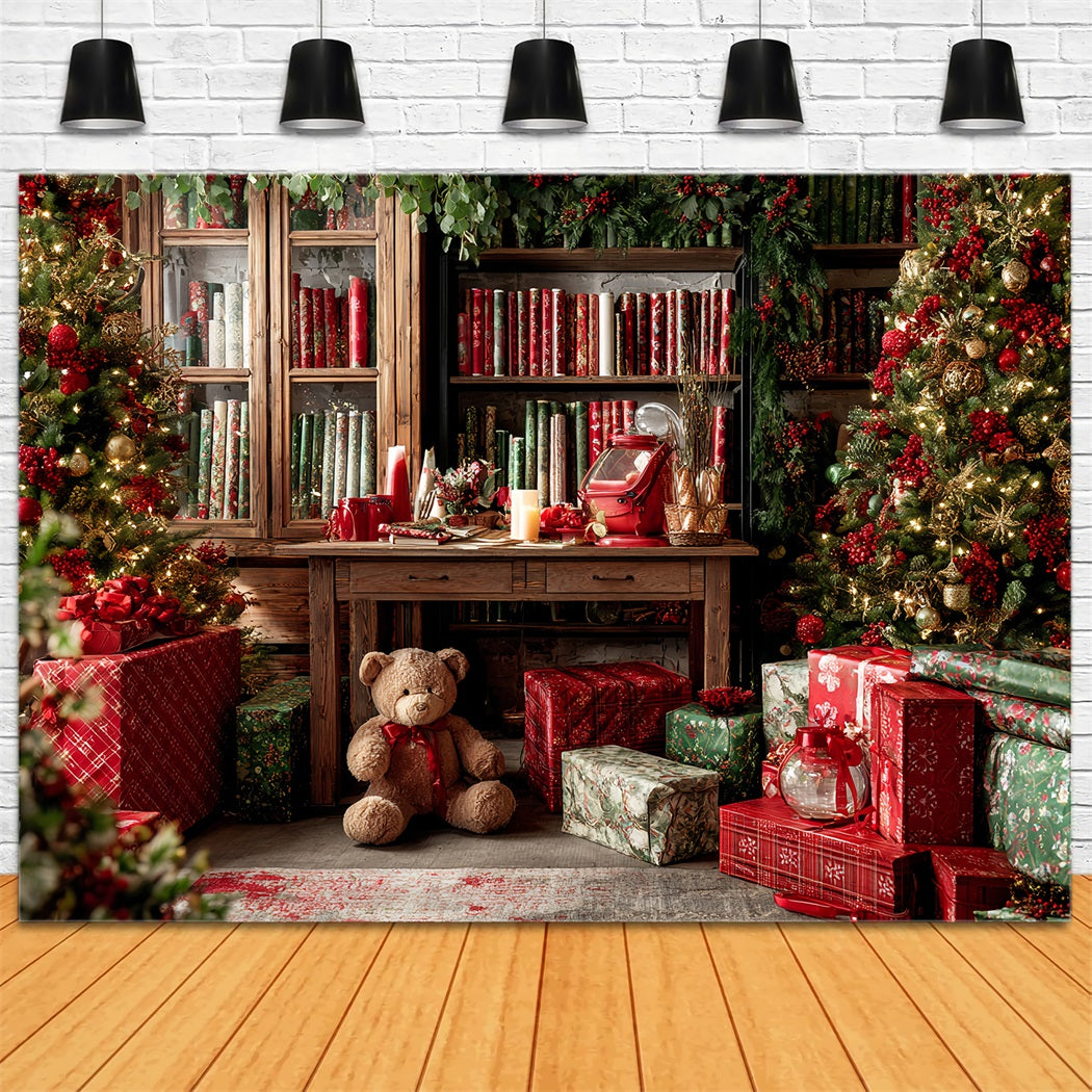 Toile de fond Noël Atelier du Père Noël Bibliothèque Chaleureuse Emballage de Cadeaux TWW59-85