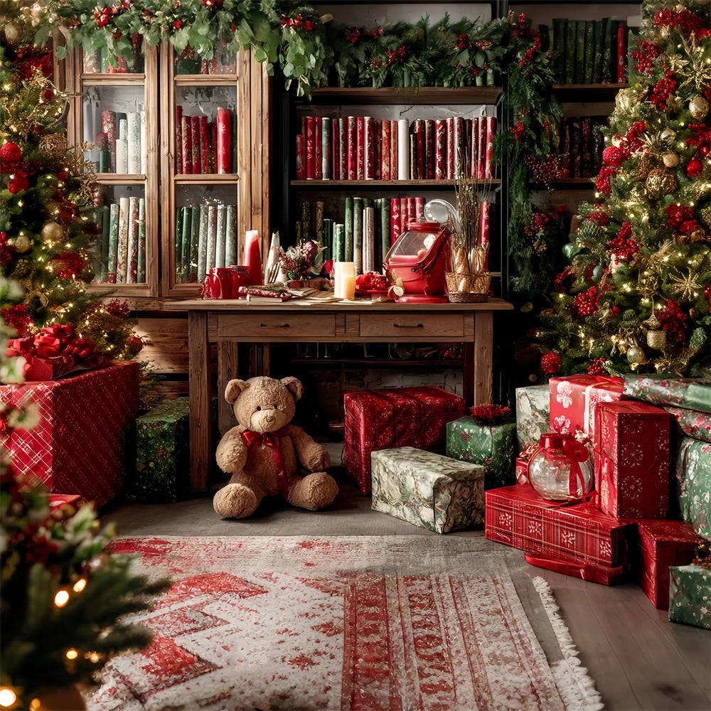 Toile de fond Noël Atelier du Père Noël Bibliothèque Chaleureuse Emballage de Cadeaux TWW59-85