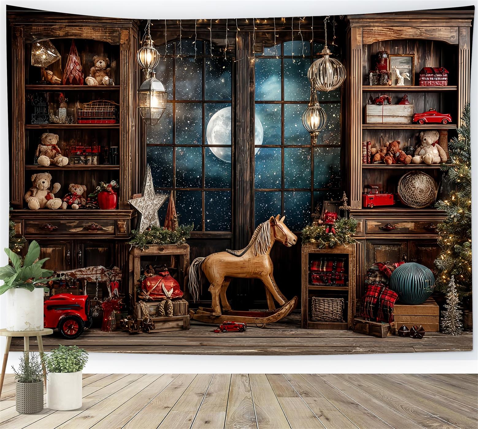 Toile de fond Noël Atelier du Père Noël Nuit Étoilée Fenêtre Salle de Jouets TWW59-86