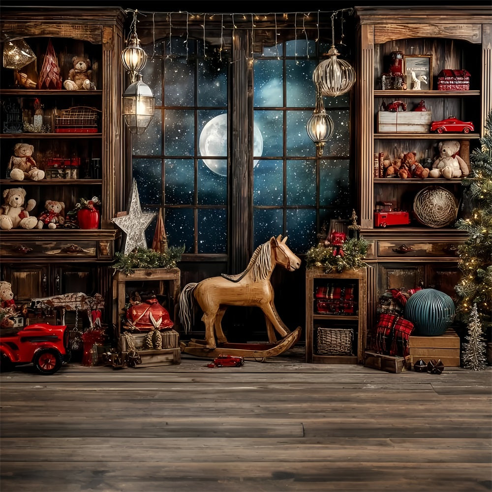 Toile de fond Noël Atelier du Père Noël Nuit Étoilée Fenêtre Salle de Jouets TWW59-86