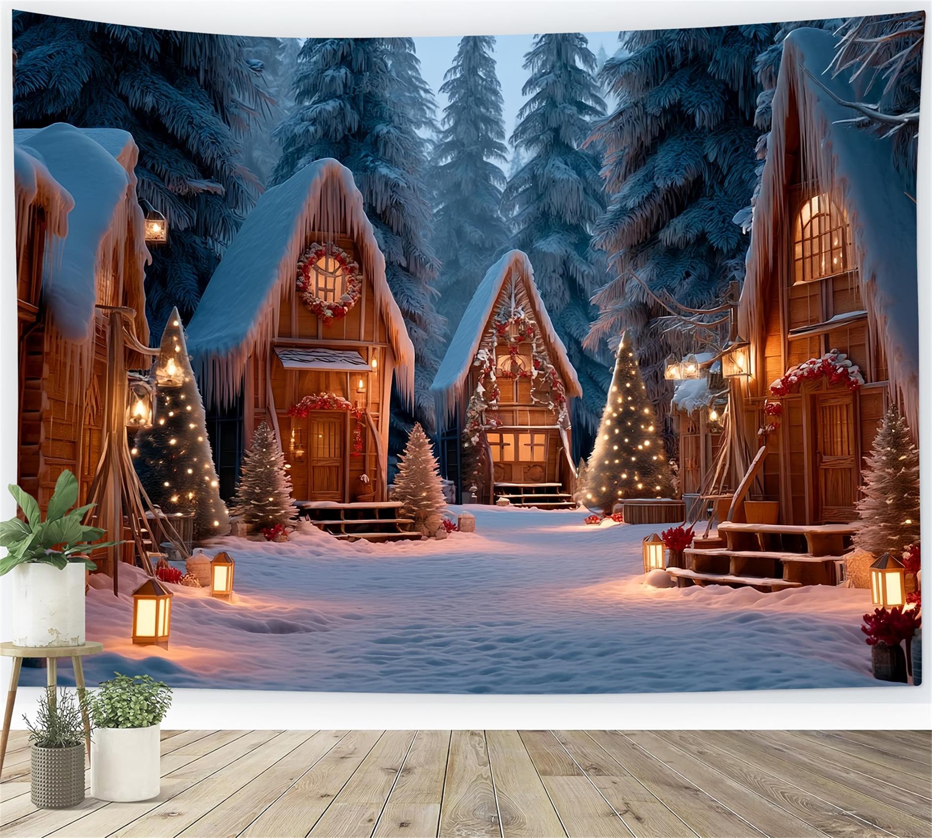 Toile de fond photo Noël Village de Campagne Cabane Enneigée Hivernale TWW59-98
