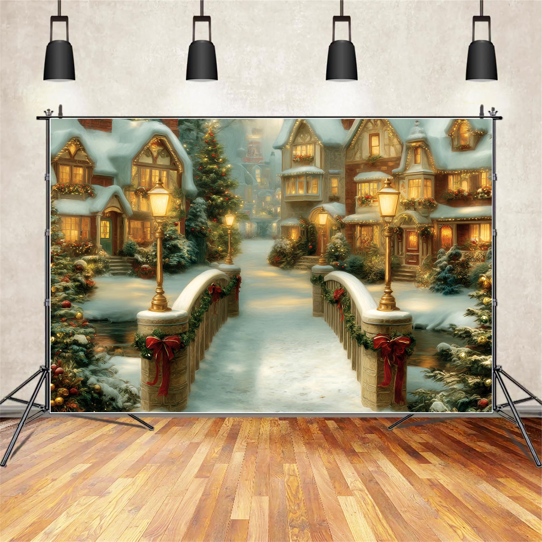 Toile de fond Noël Village Pont Doré Maisons de Fêtes TWW59-99