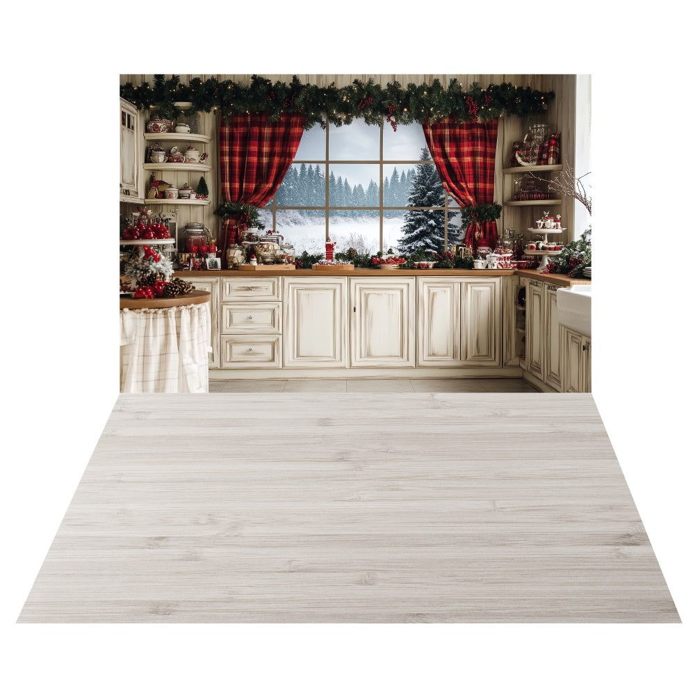 Toile de fond Fenêtre Cuisine des Fêtes + Sol Bois Clair TWW6-110