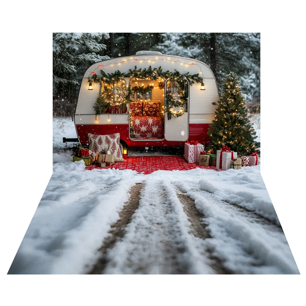 Toile de fond Camping-Car Douillet de Noël + Sol Piste Enneigée TWW6-113