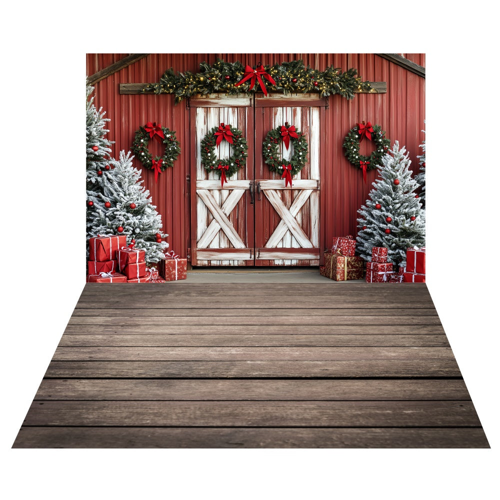 Toile de fond Grange Rouge Noël + Sol Planches de Bois TWW6-114