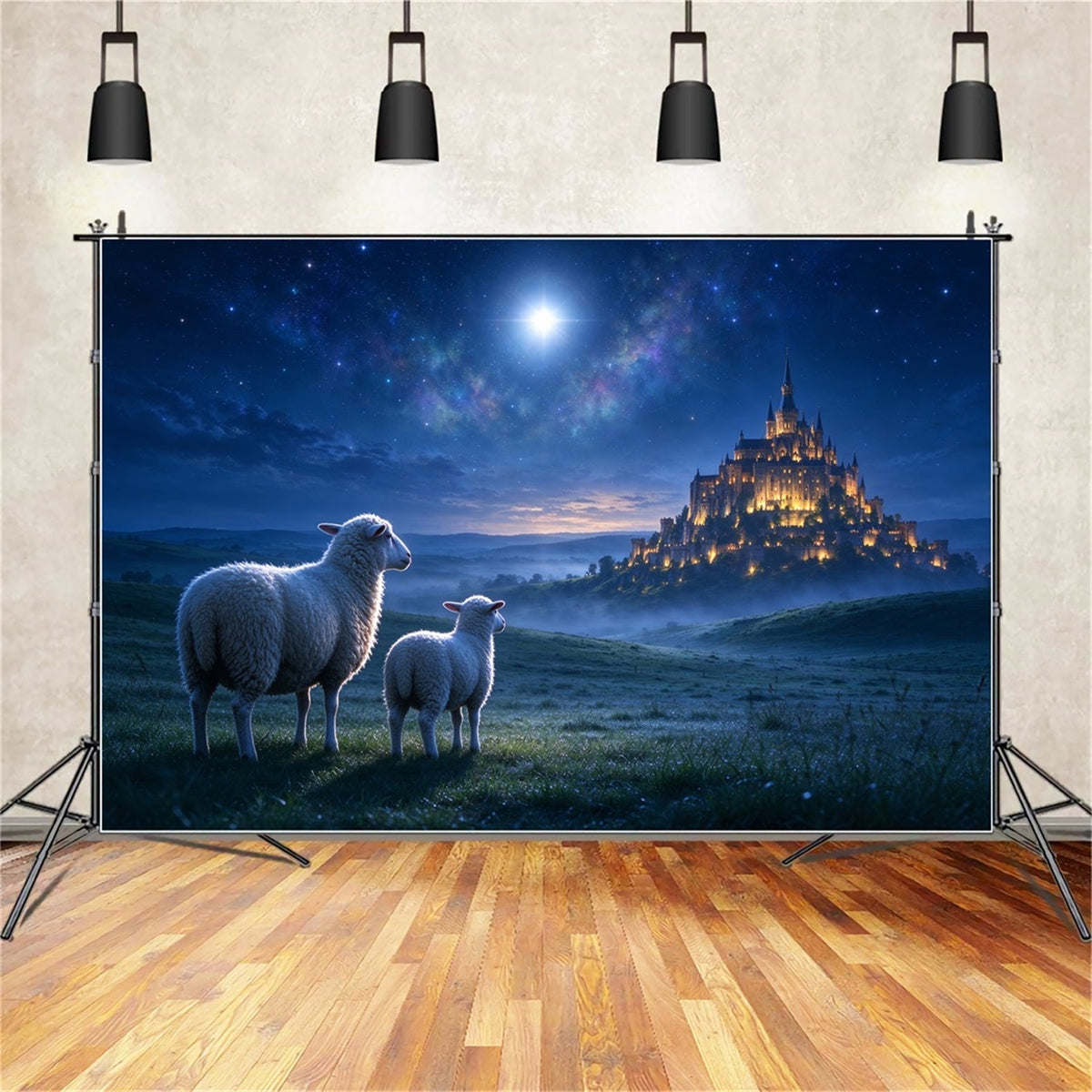 Fond De Crèche De Noël Château Au Clair De Lune Prairie Moutons ZTT610-15