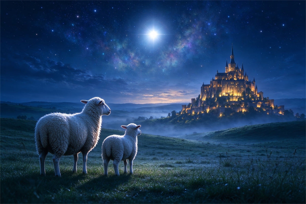 Fond De Crèche De Noël Château Au Clair De Lune Prairie Moutons ZTT610-15