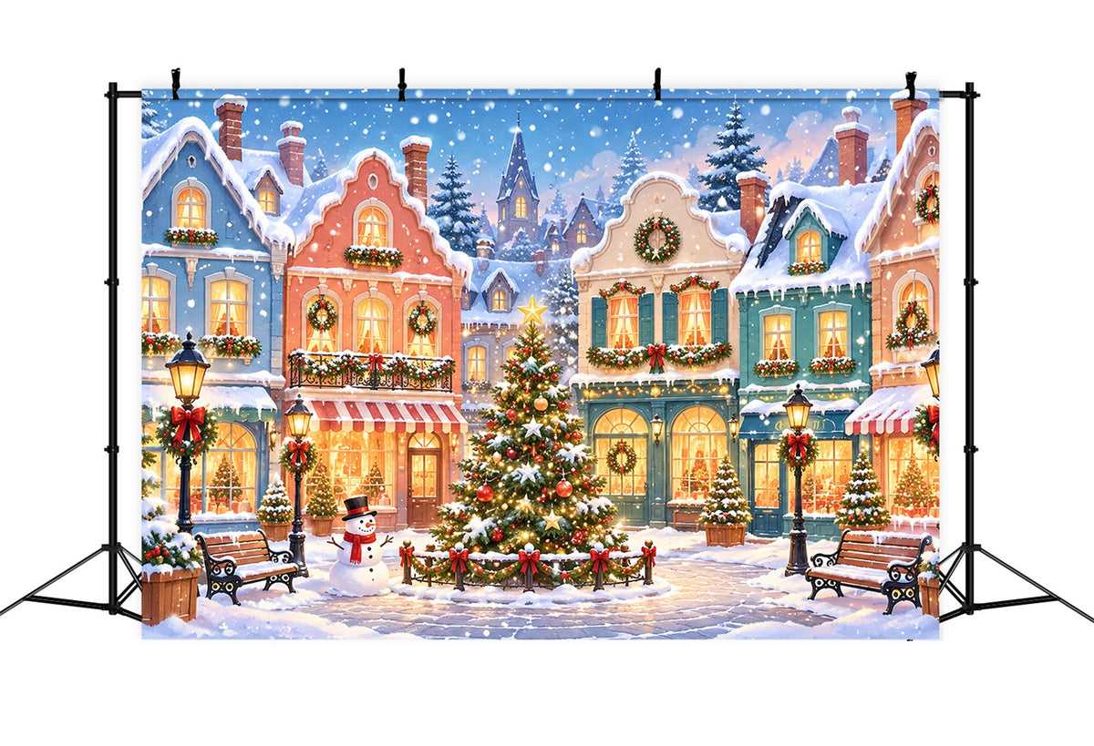 Fond De Village De Noël Place Enneigée Pastel ZTT610-17