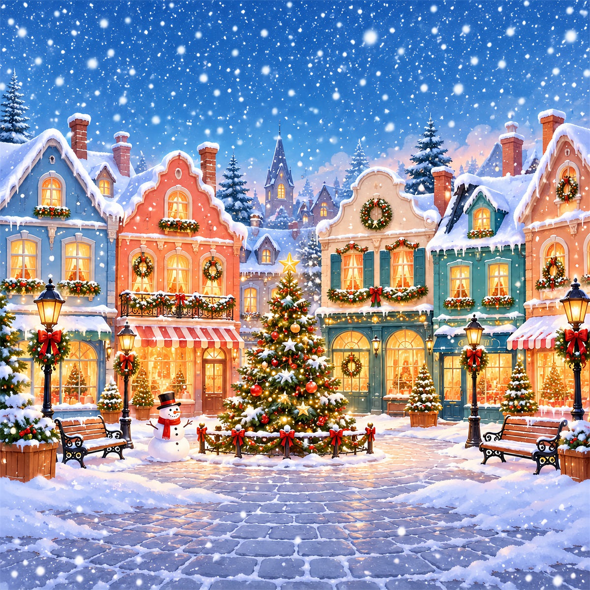 Fond De Village De Noël Place Enneigée Pastel ZTT610-17