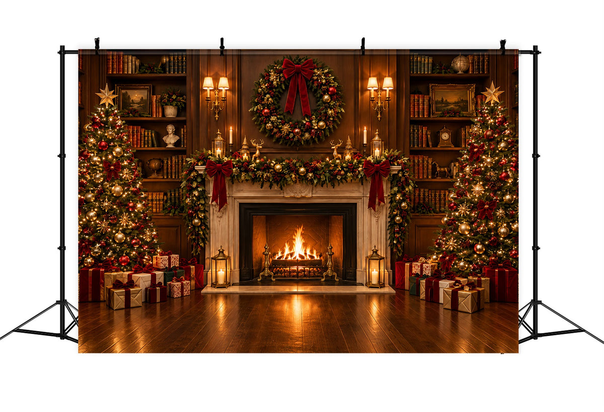Fond Photo De Noël Grande Bibliothèque Cheminée Ornée ZTT610-21