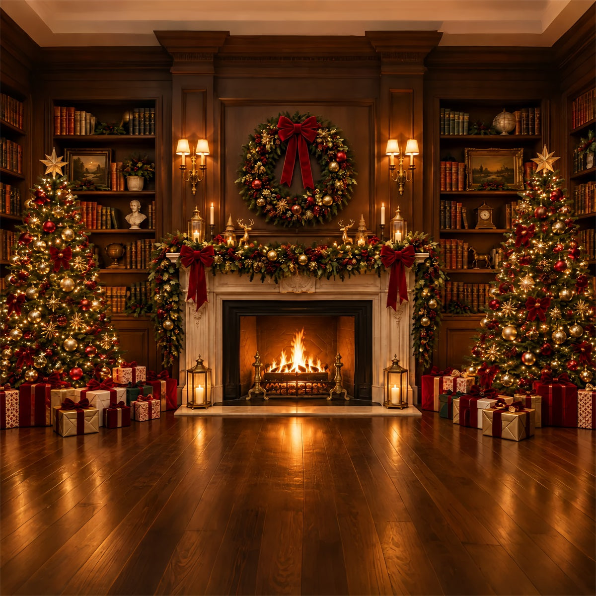 Fond Photo De Noël Grande Bibliothèque Cheminée Ornée ZTT610-21
