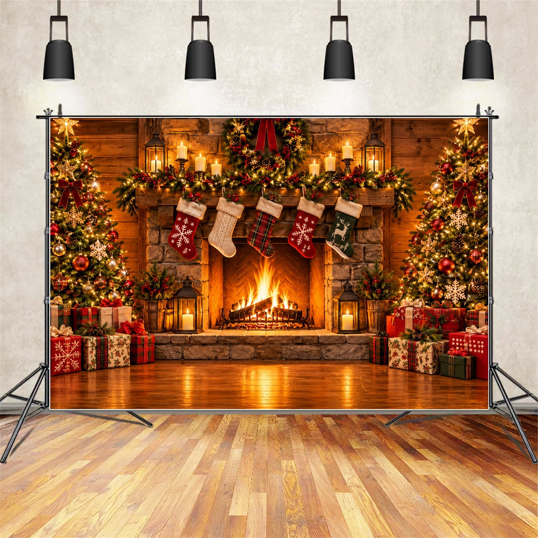 Fond Photo De Noël Cheminée Rustique Pierre Chaussettes ZTT610-24
