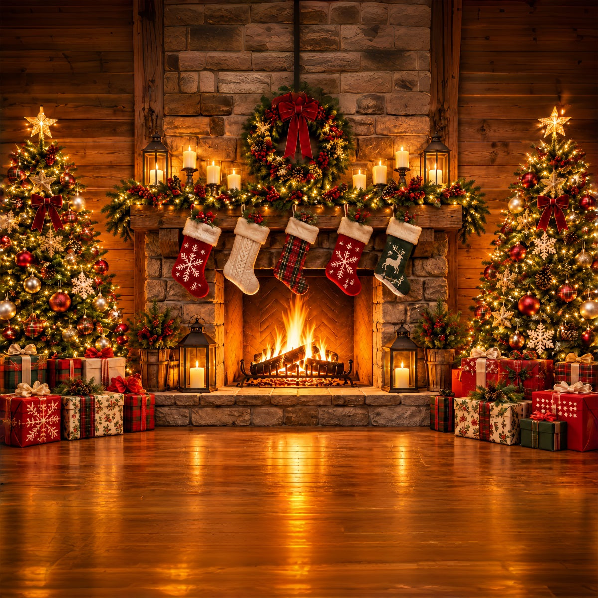 Fond Photo De Noël Cheminée Rustique Pierre Chaussettes ZTT610-24