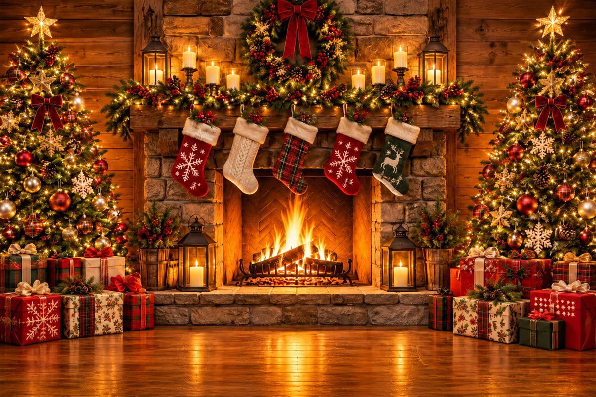Fond Photo De Noël Cheminée Rustique Pierre Chaussettes ZTT610-24