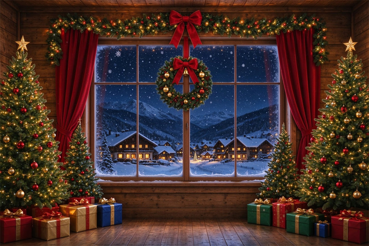 Fond Photo Père Noël Refuge Fenêtre Village Enneigé ZTT610-3