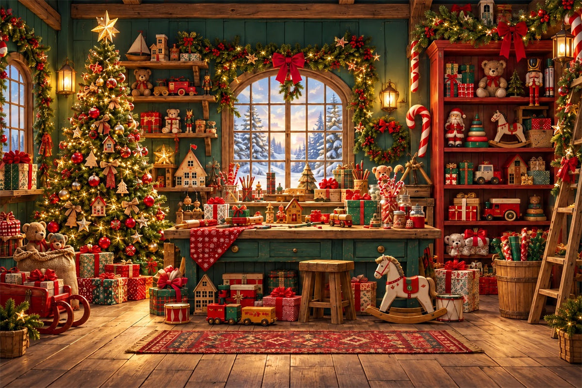 Fond Photo Atelier Du Père Noël Chalet Rustique Jouets ZTT610-32