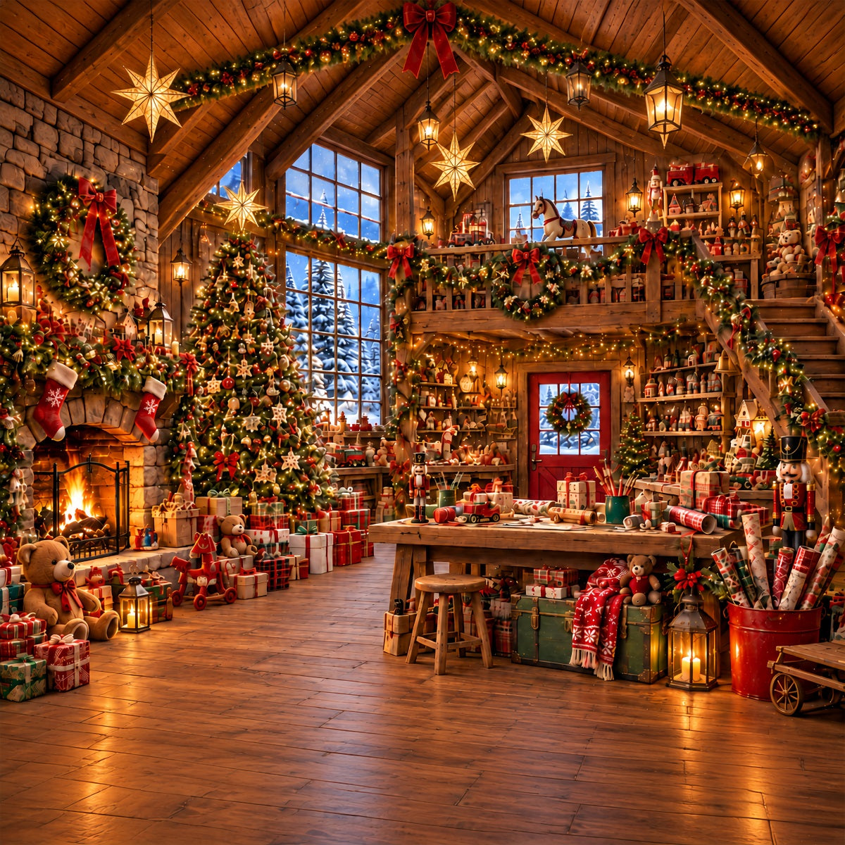 Fond Photo Atelier Du Père Noël Chalet Rustique Atelier Jouets ZTT610-39
