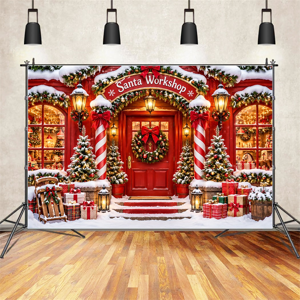 Fond De Noël Atelier Du Père Noël Maison Enneigée Entrée Rouge ZTT610-40