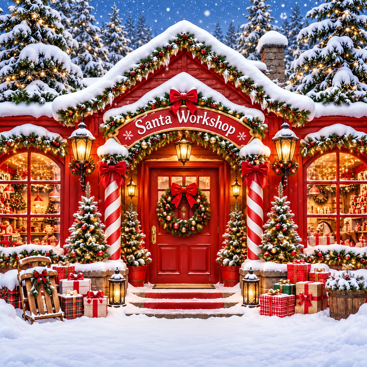 Fond De Noël Atelier Du Père Noël Maison Enneigée Entrée Rouge ZTT610-40