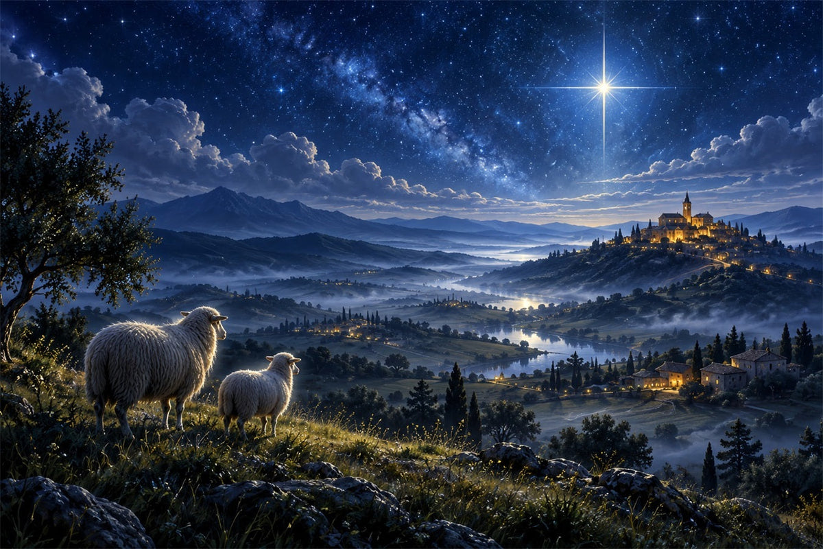 Fond De Crèche De Noël Colline Étoilée De Bethléem Moutons ZTT610-45