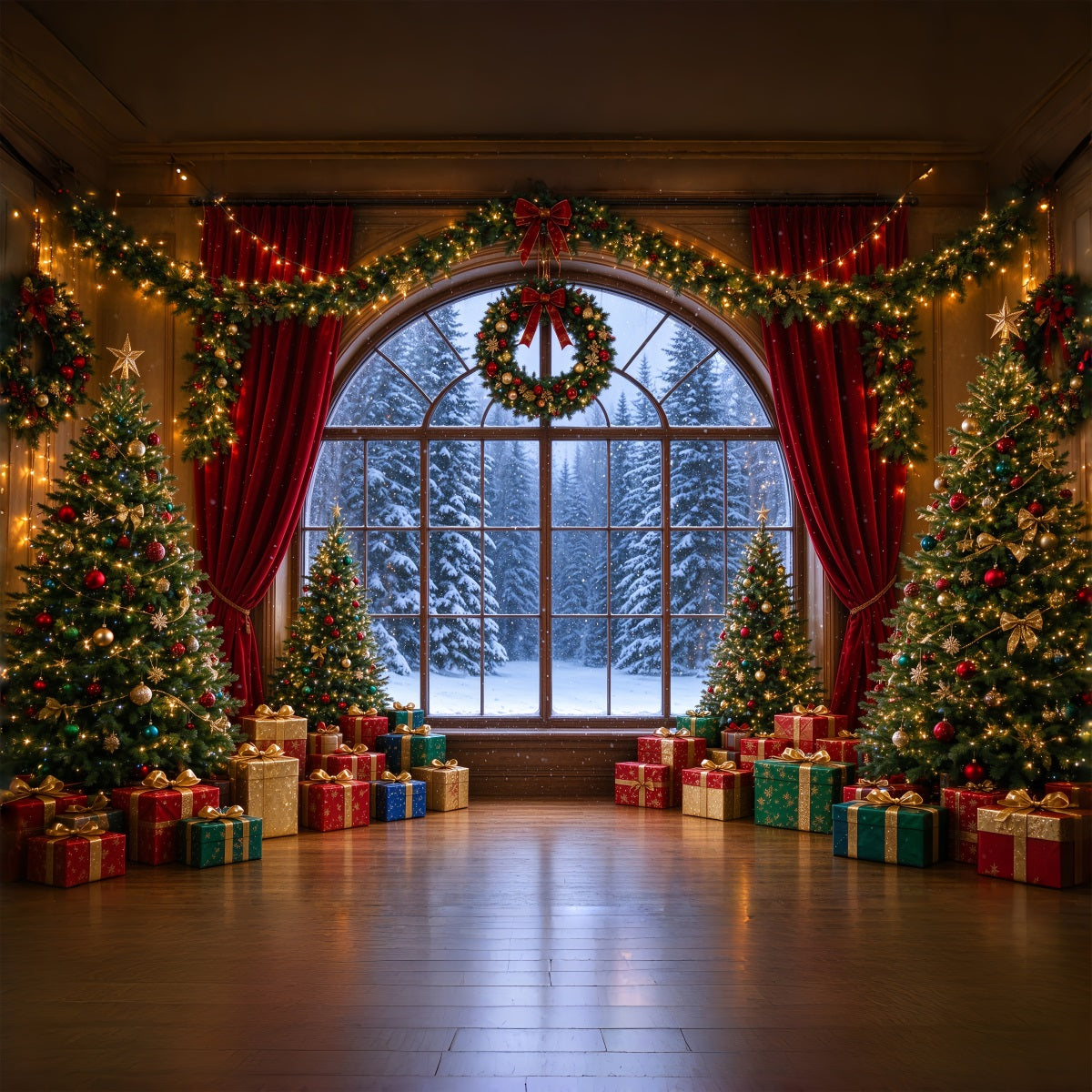 Fond Photo De Noël Fenêtre Cintrée Vue Forêt Enneigée ZTT610-5