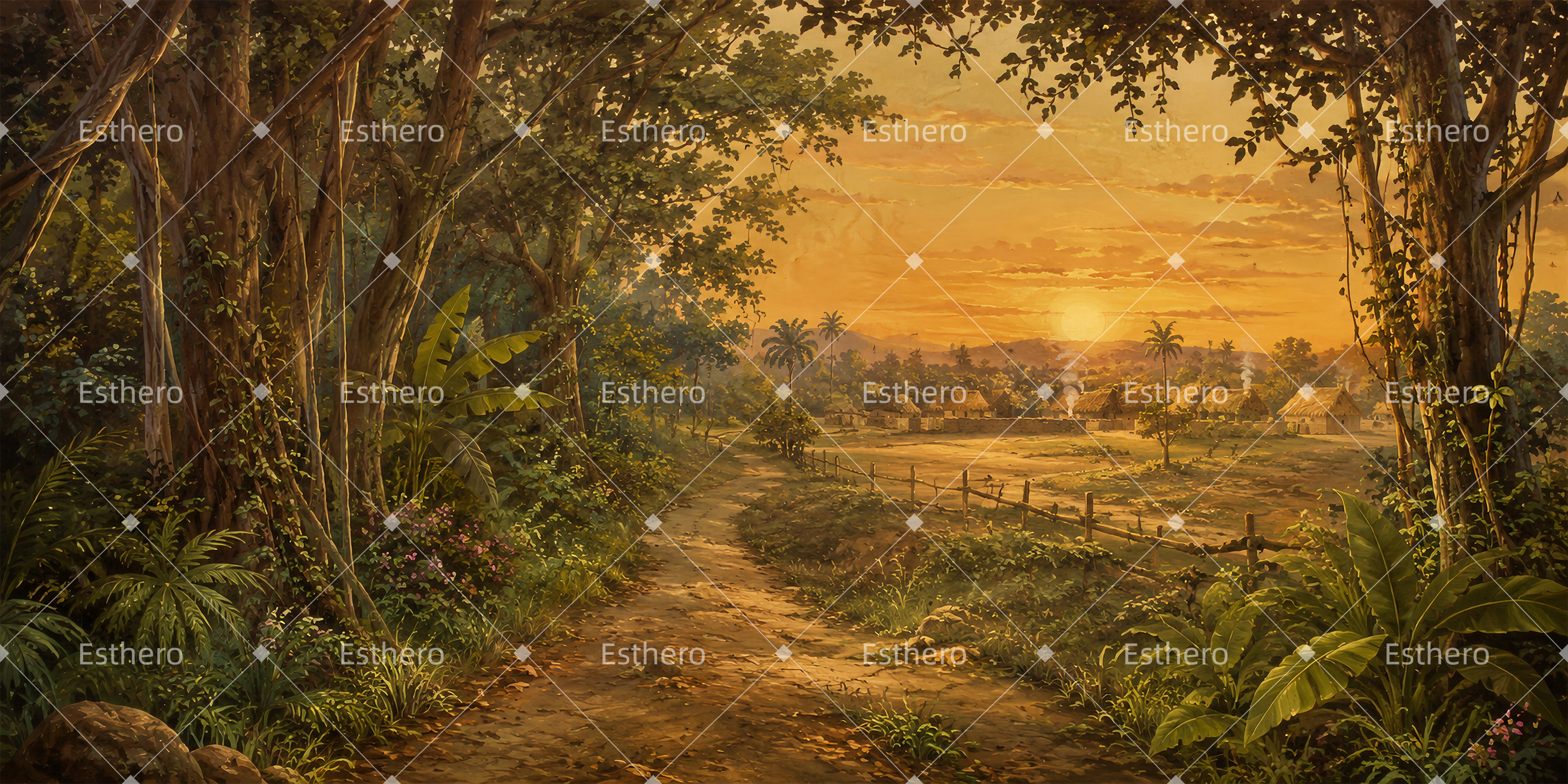 Toile de fond village au coucher du soleil décor de scène professionnel ZTT65-T37