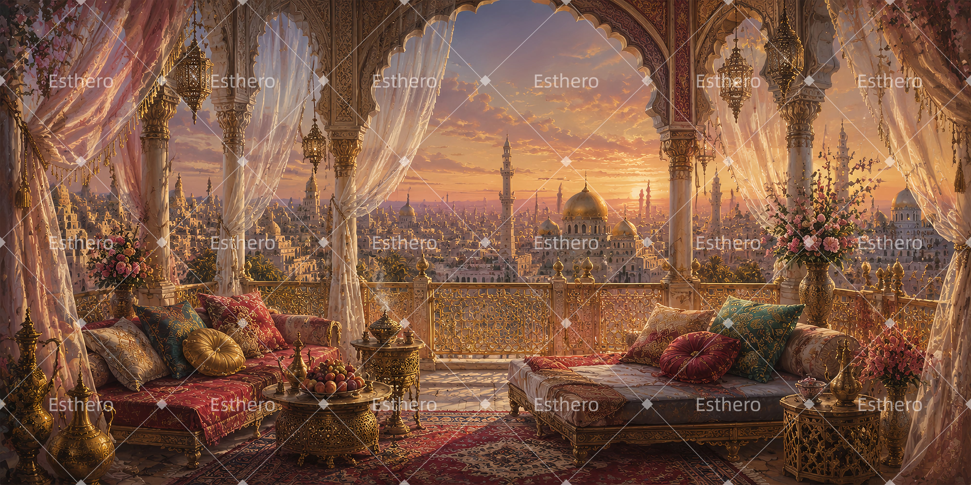 Toile de fond balcon de palais au coucher du soleil décor de cinéma ZTT65-T45