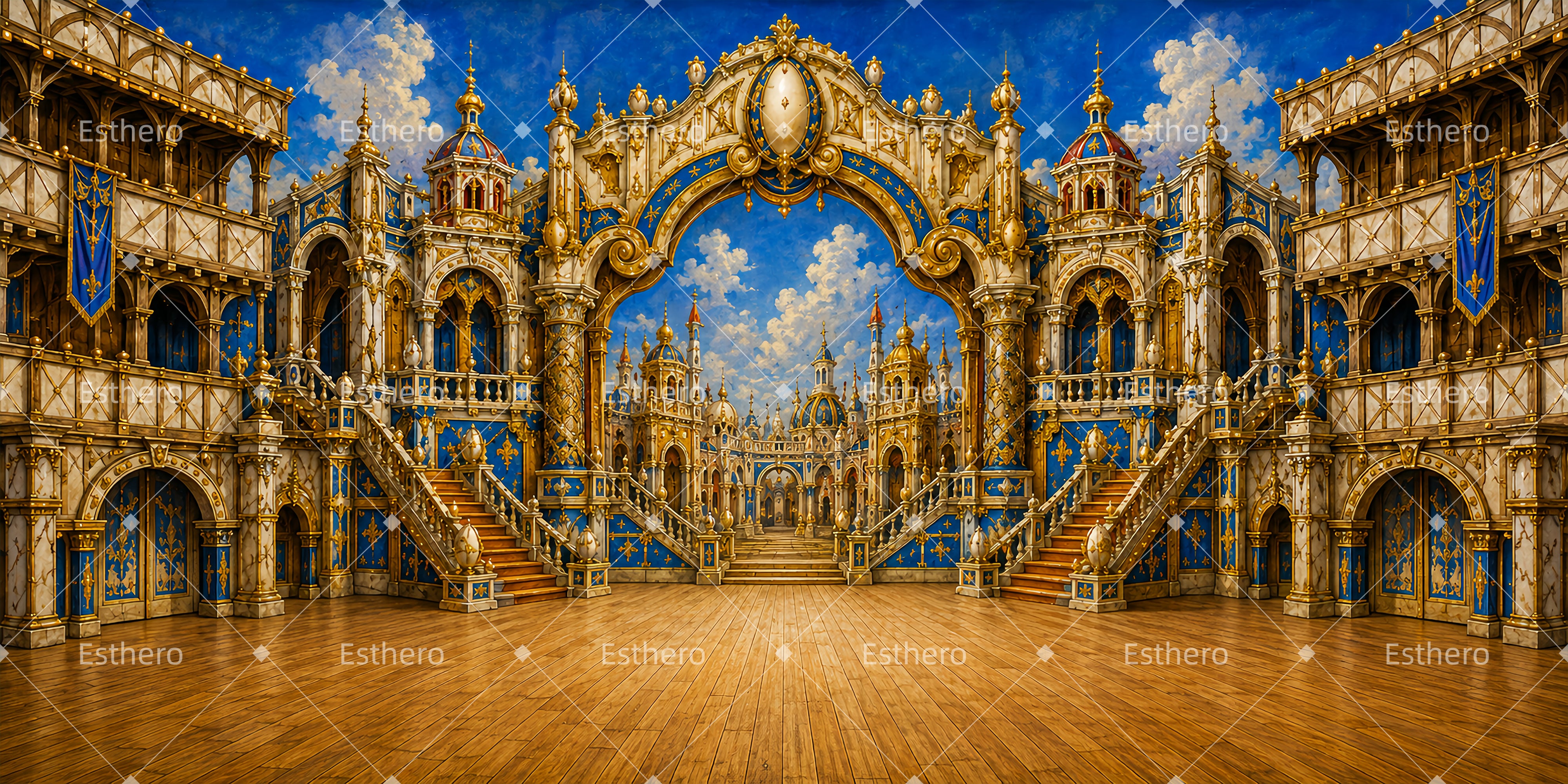 Toile de fond professionnelle de palais bleu et or pour comédie musicale ZTT65-T66