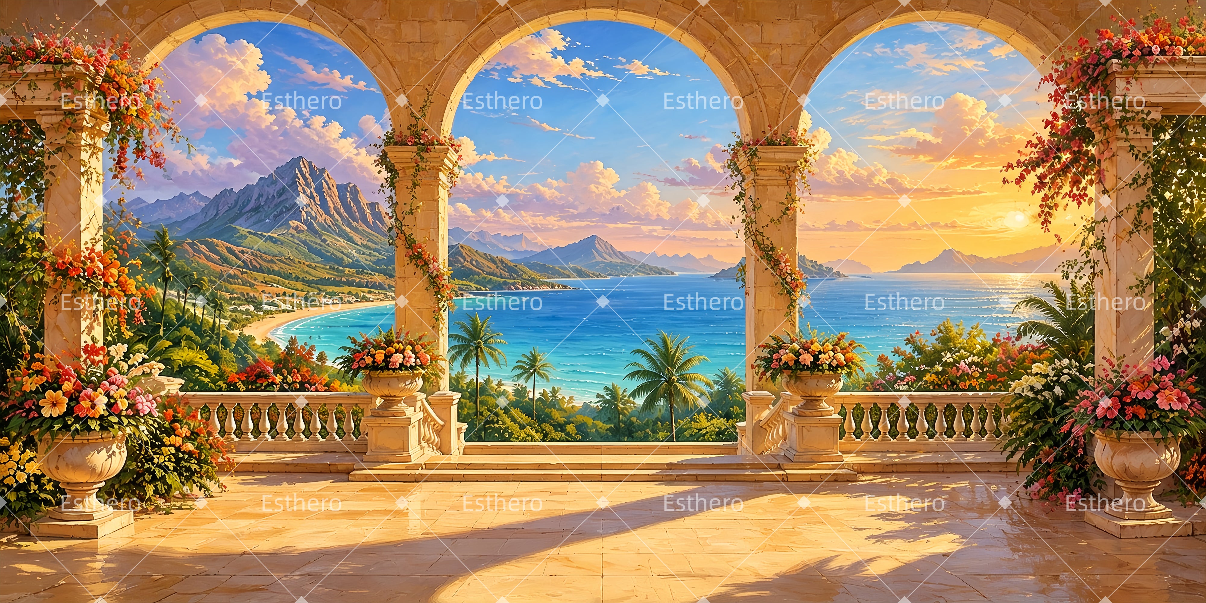 Toile de fond de terrasse baignée de soleil pour scène théâtrale ZTT65-T77