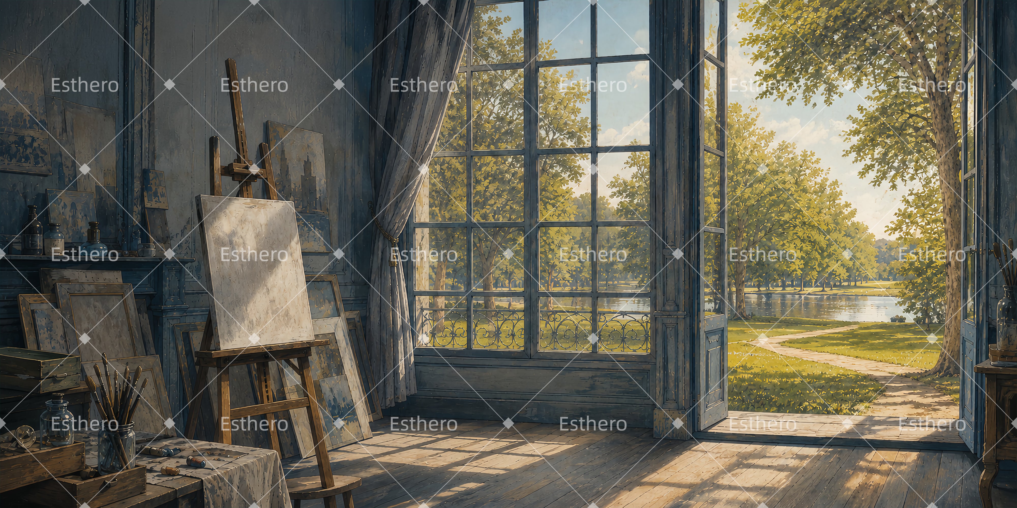 Toile de Fond Atelier avec Vue sur Jardin Décor de Scène ZTT66-T82