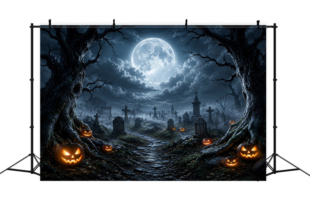 Toile De Fond En Tissu Pour Halloween Chemin De Cimetière Avec Citrouilles Au Clair De LuneDécor ZTT67-13
