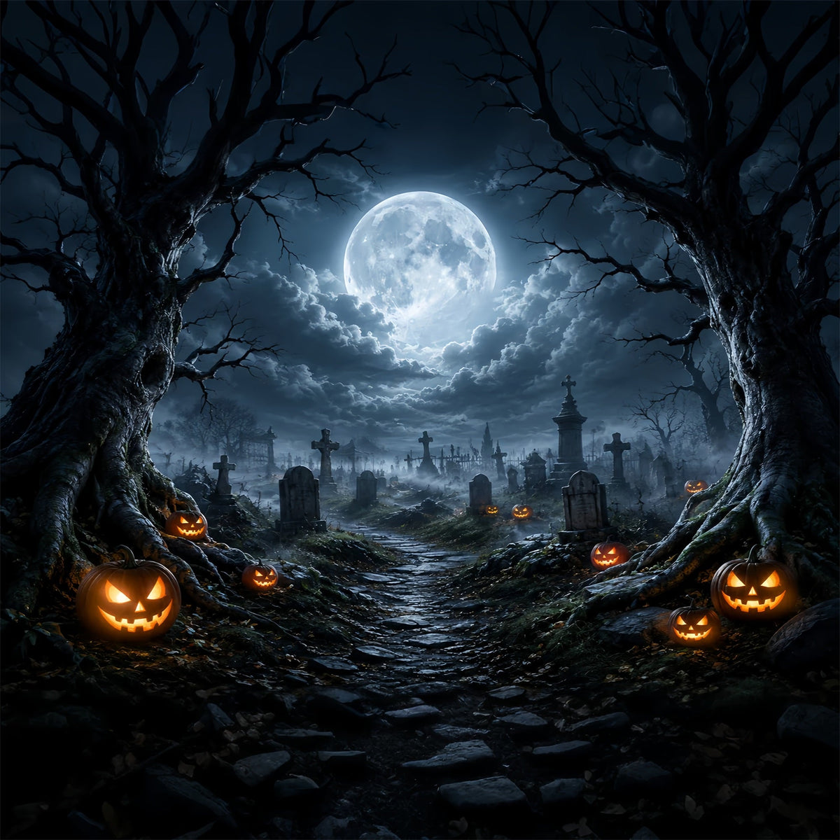 Toile De Fond En Tissu Pour Halloween Chemin De Cimetière Avec Citrouilles Au Clair De LuneDécor ZTT67-13